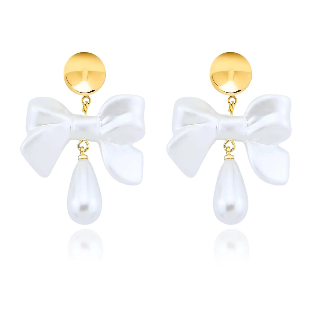 Pearl Earrings for Women Gold Pearl Bow Earrings Dainty Pearl Drop Dangle Earring Prom Jewelry (Bow)